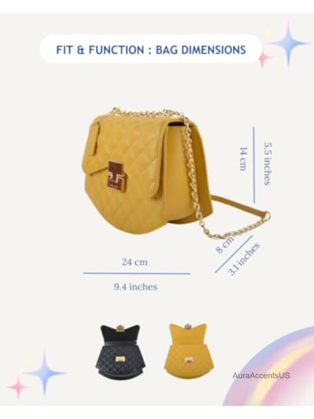 Quilted Vegan Leather Crossbody Bag with Gold Chain Strap - Picture 3 of 6